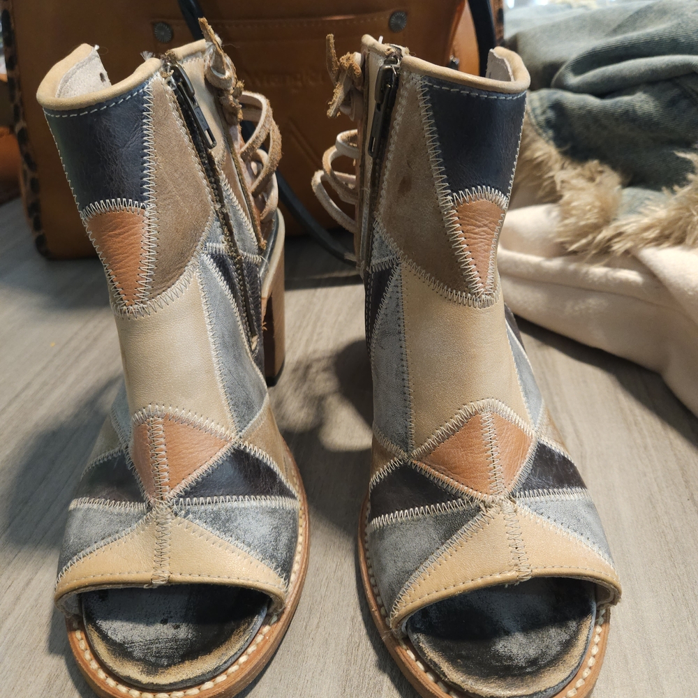 Freebird Bay Women’s Patchwork Leather Peep-Toe Ankle Boots - Neutral Multi